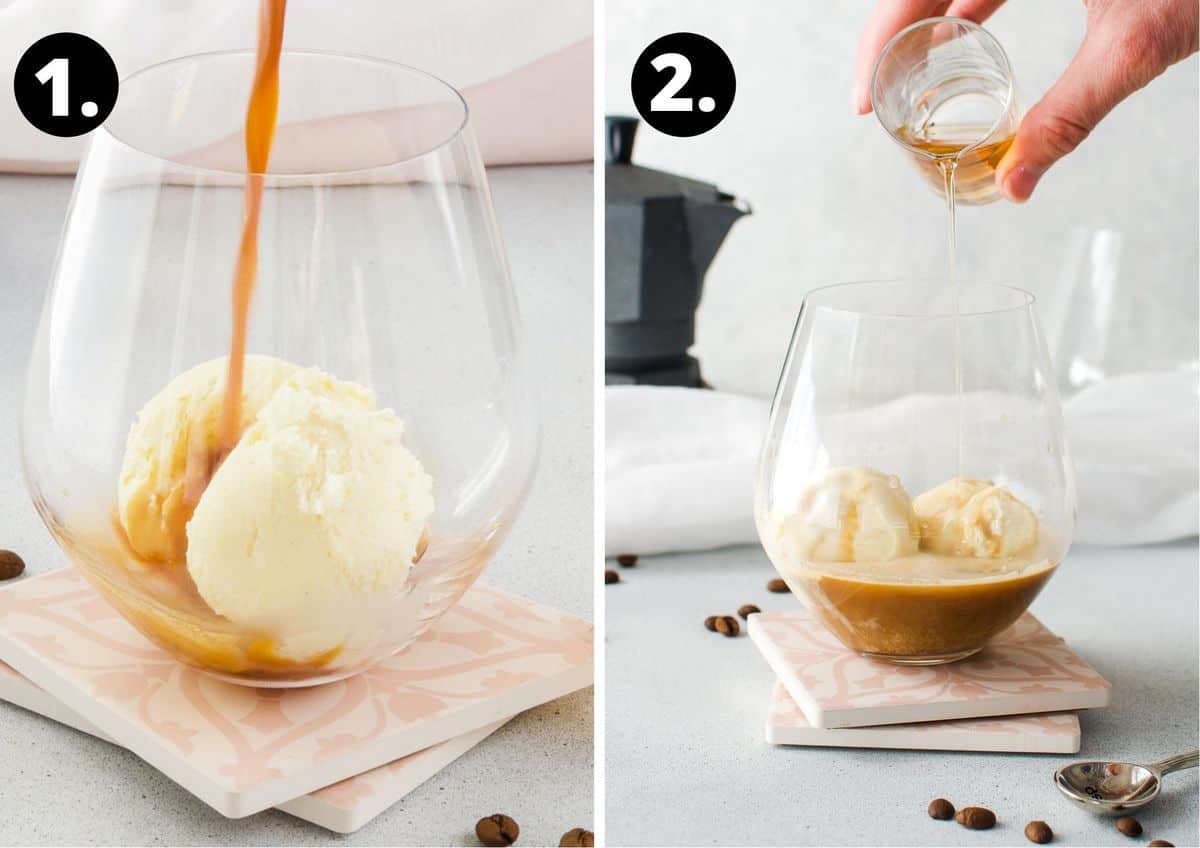 photo collage of two steps to make this recipe - the ice cream in glass with coffee being poured over and photo of the coffee and ice cream and a hand pouring in a shot of liqueur.