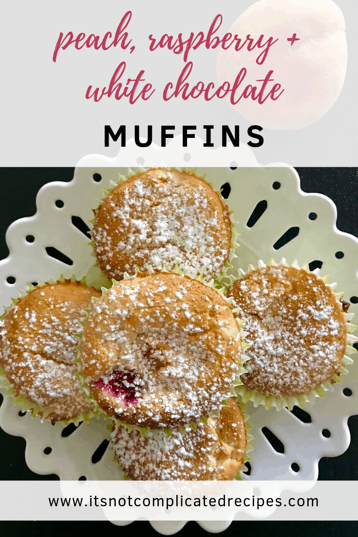 Peach, Raspberry and White Chocolate Muffins - It's Not Complicated Recipes #dessert #muffins #whitechocolate #peach #raspberry #glutenfree #dessertideas #partyfood