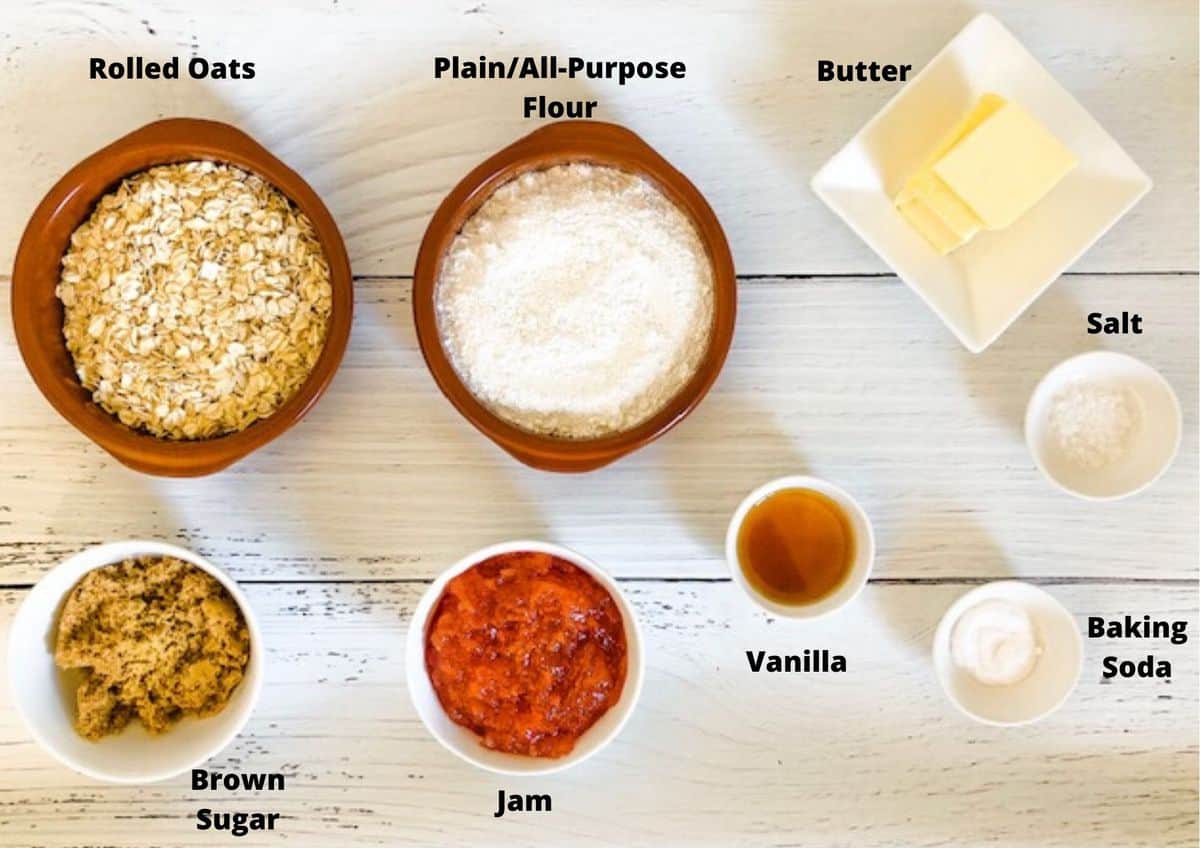 ingredients in the jam bars on a white background.