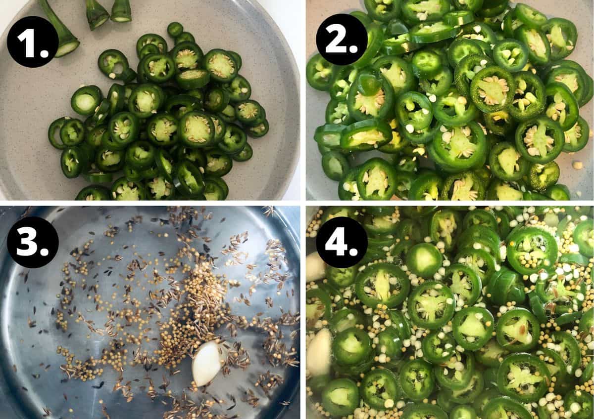 photos of the step by step instructions of how to prepare the pickled jalapenos.