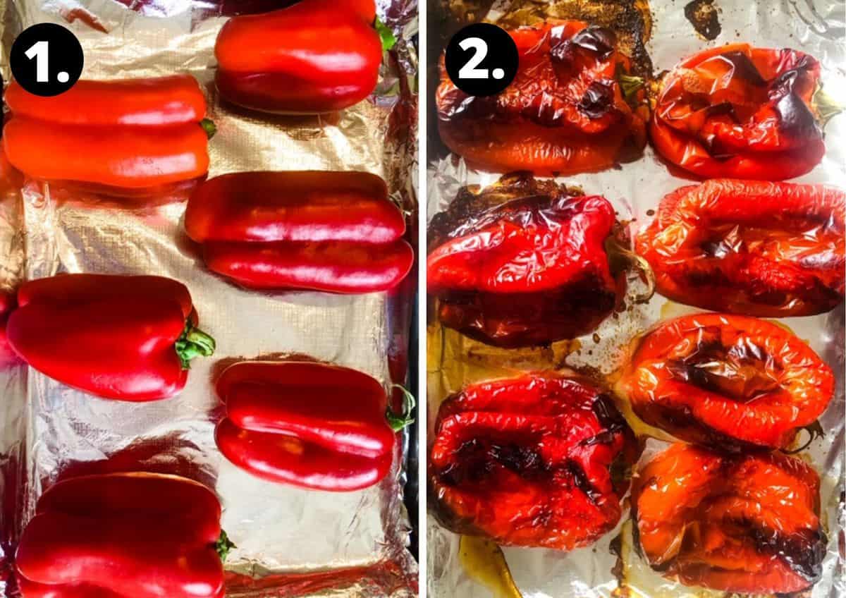 Two steps showing how to prepare roasted capsicums on a foil lined baking tray.