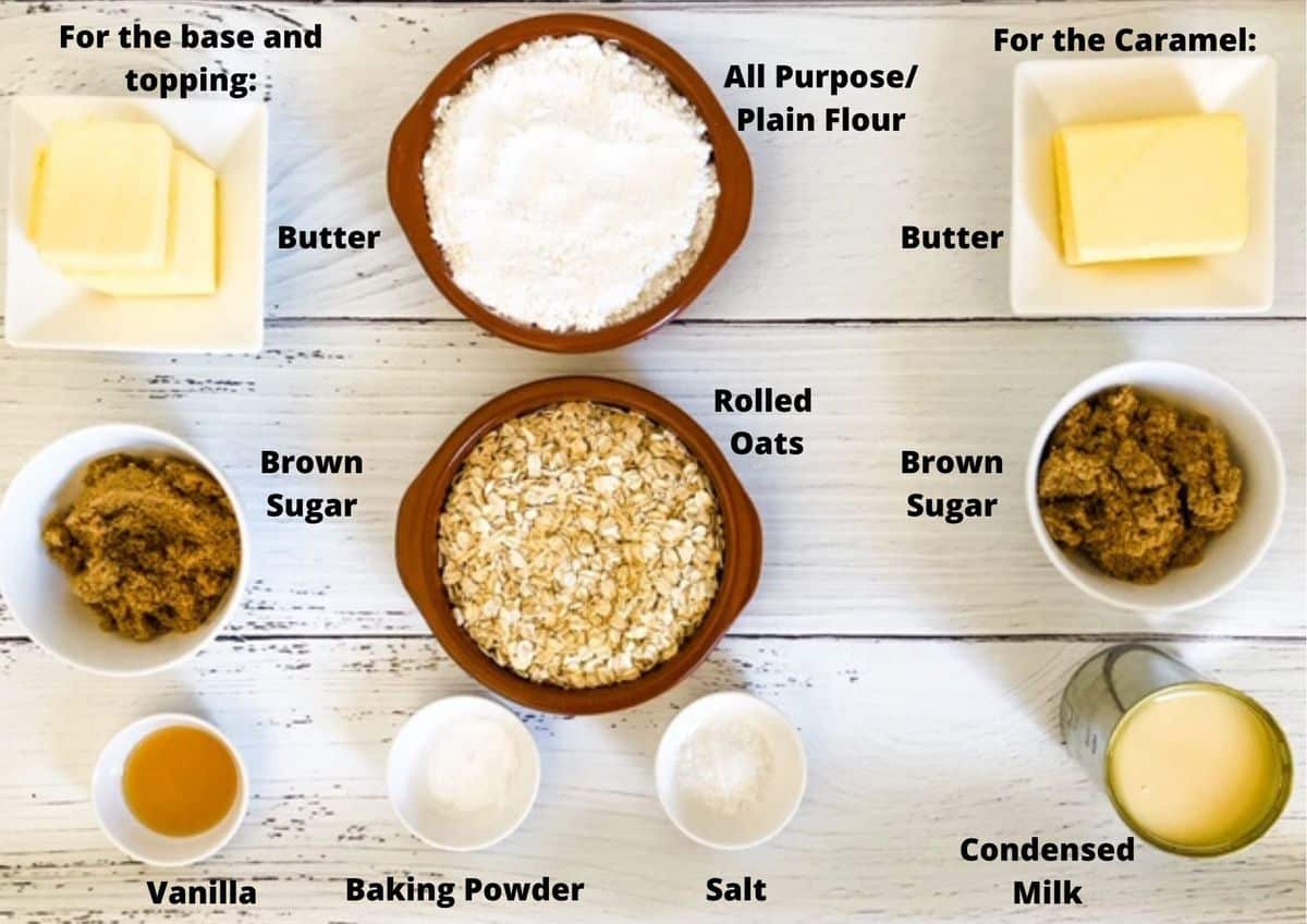 ingredients used in this recipe for caramel crumb bars