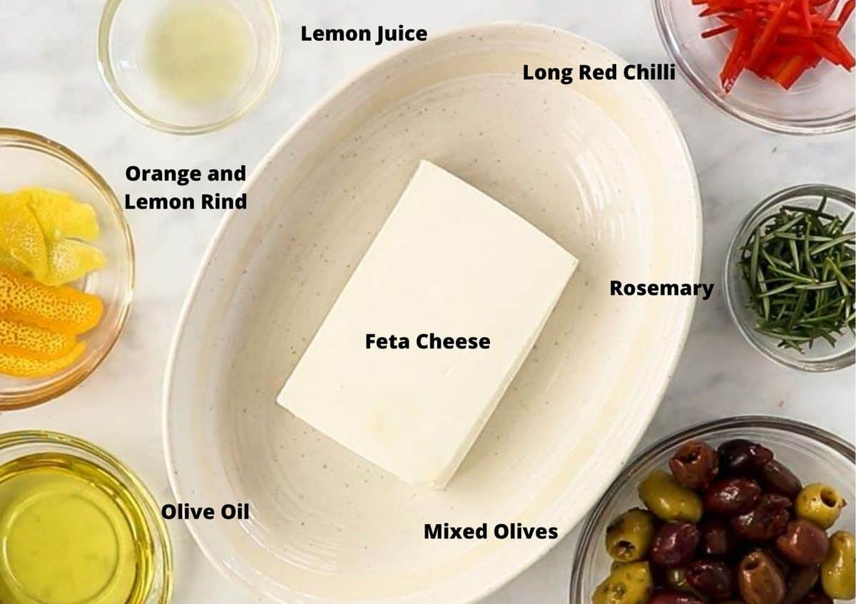 ingredients in this recipe on a white marble background.