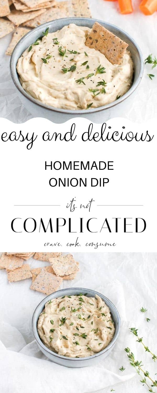 pinterest image with two photos of onion dip with text overlay in the centre.