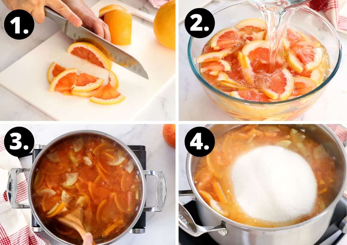 The first four steps to make this recipe - slicing the grapefruit, placing in a bowl with water, softening the peel in a saucepan and adding the sugar to the saucepan.
