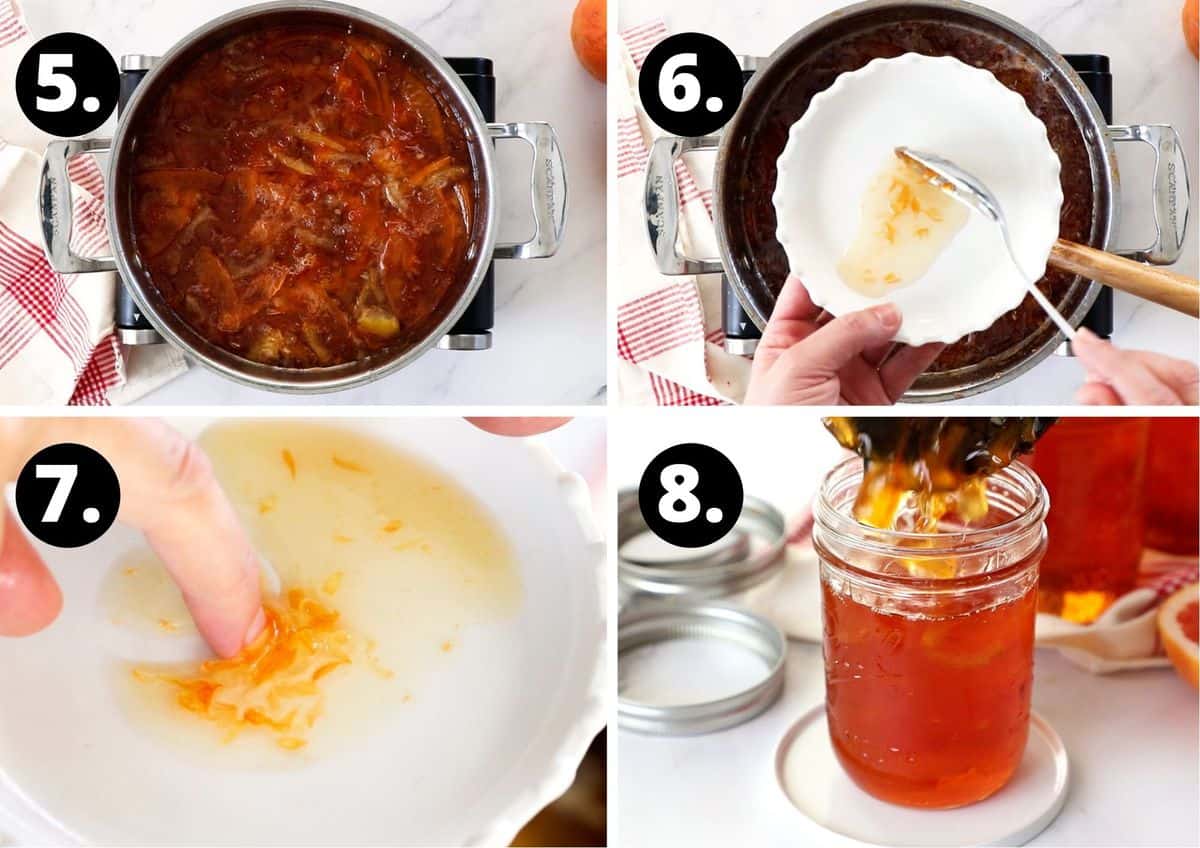 The final four steps to make this recipe - the fruit as it reaches setting point, putting some marmalade on a saucer to test, the wrinkle test and filling the jar with the marmalade.