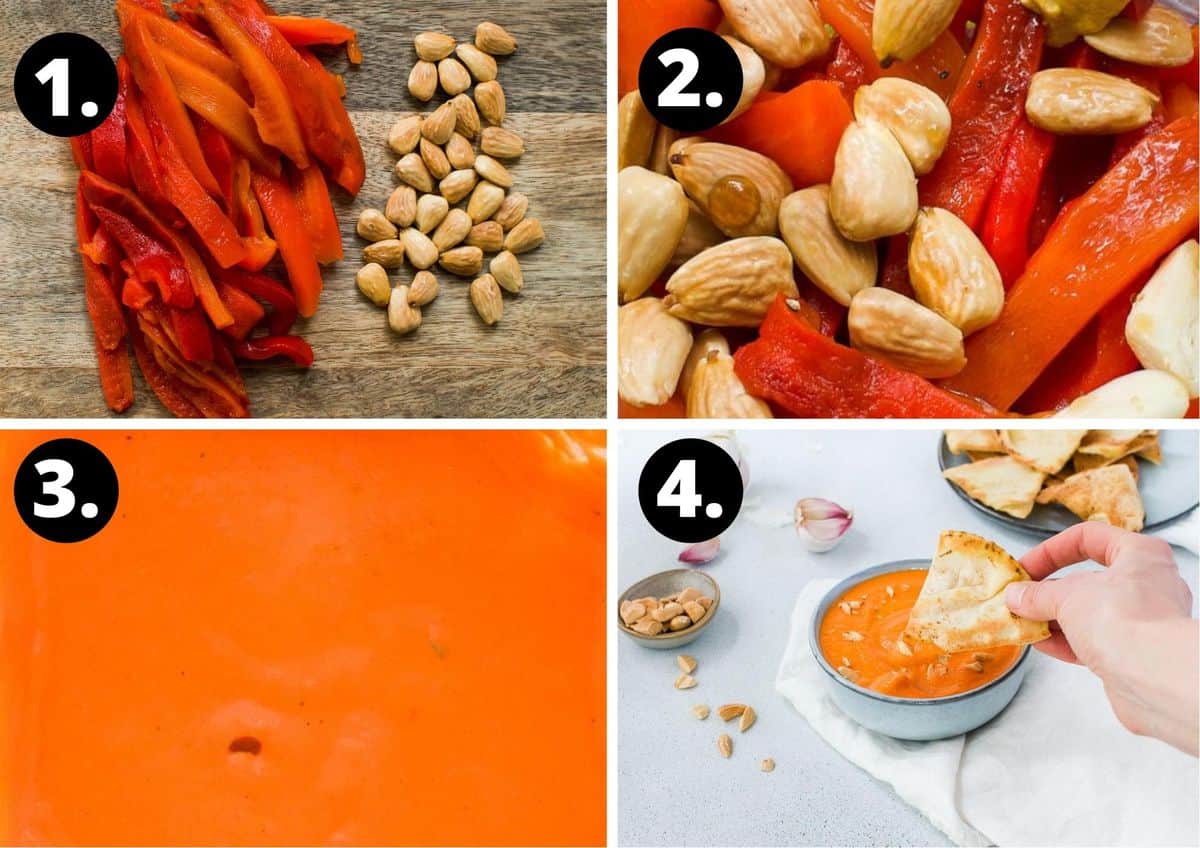 The four steps required to make a recipe in a photo collage - the roasted capsicum and almonds, in the blender together, the blended mixture and the finished product in a bowl with some pita bread.