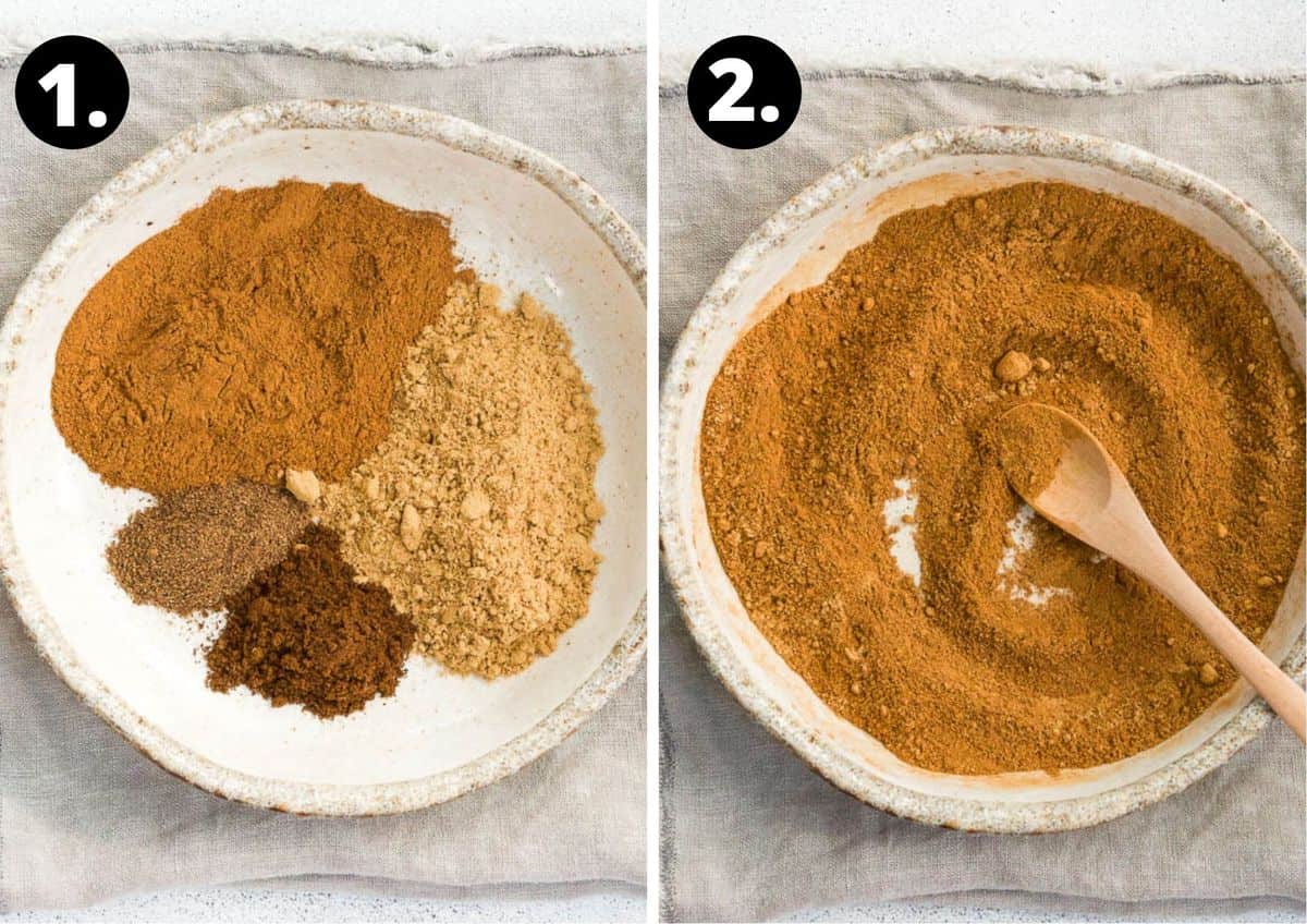 the two steps to make this recipe - the individual spices on a plate and the spices mixed together.