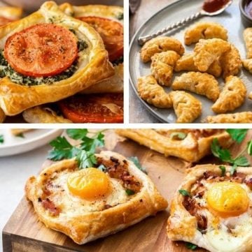 three images showing spinach galettes, bacon pasties and bacon and egg galettes in a collage.