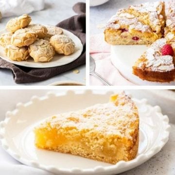 three images showing cookies, pear cake and lemon cake.
