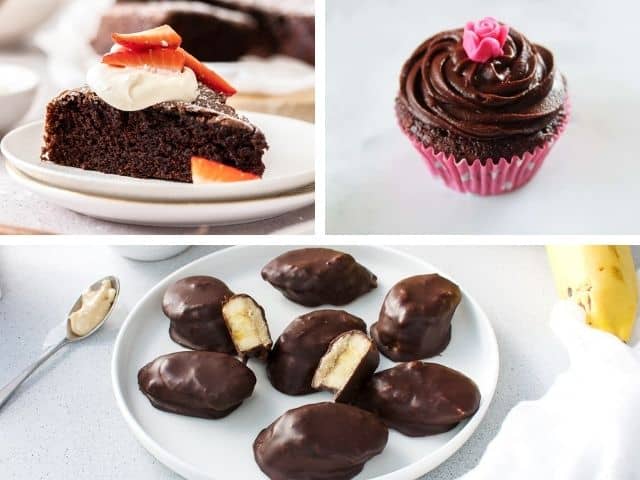 collage of three recipes - choc sour cream cake, vegan choc cupcakes and choc peanut butter banana bites
