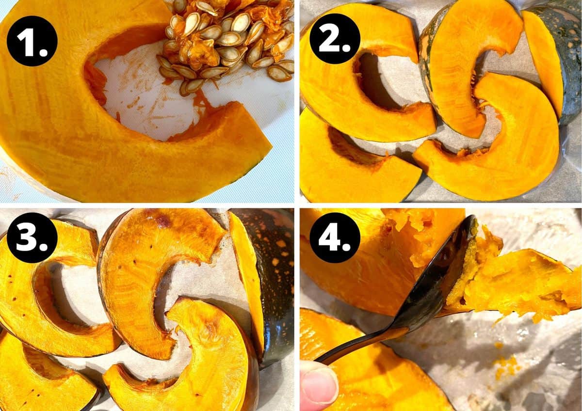 The first four steps to make this recipe in a collage - a slice of pumpkin being de-seeded, slices of pumpkin on a baking tray, the cooked pumpkin on a baking tray and removing the skin from the pumpkin once it is cooked.