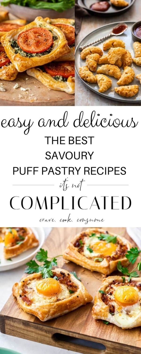 pinterest image with photos of savoury pastry dishes top and bottom and text overlay in the centre.