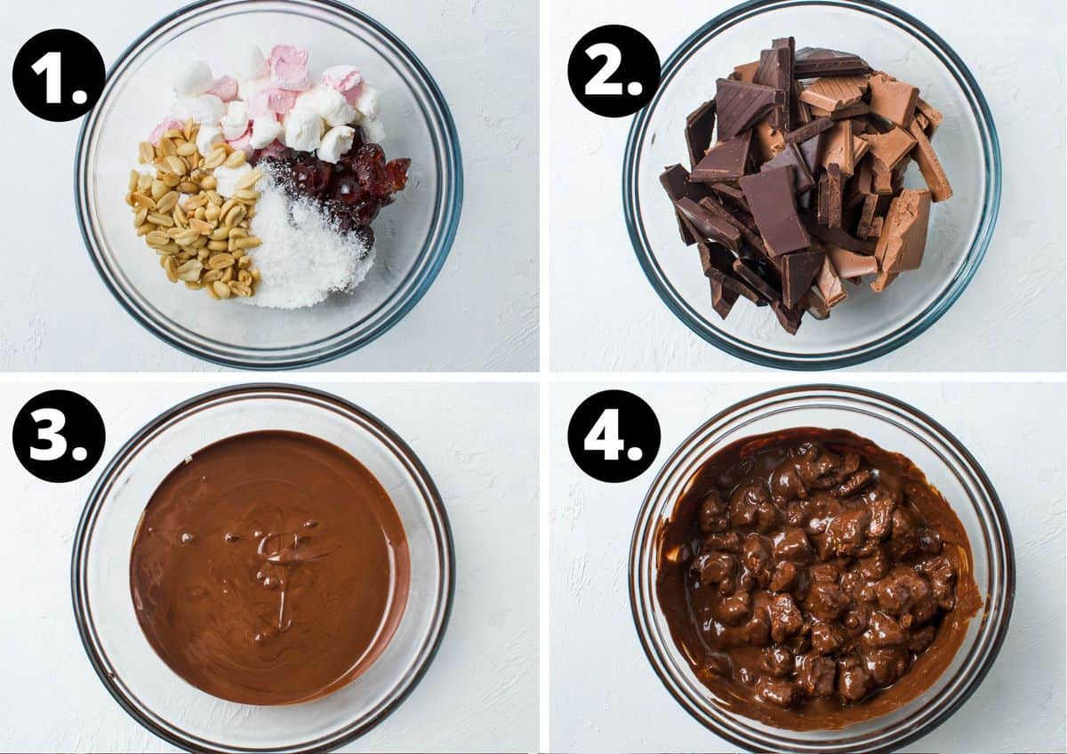 the first four steps to prepare the recipe - glass bowl of marshmallow, coconut, cherry and peanuts, bowl of chocolate pieces, bowl of melted chocolate, melted chocolate and mix ins combined.