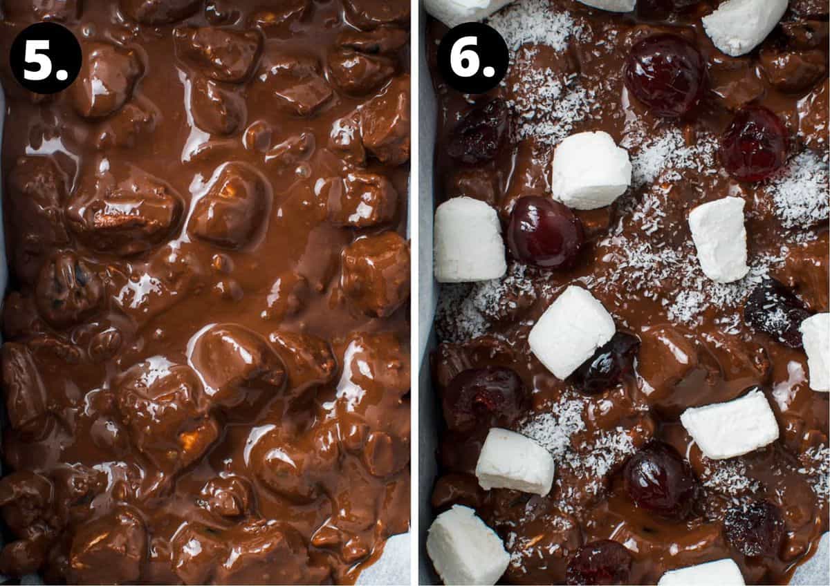 final stop steps to prepare recipe - smooth out mixture in tin and top with optional toppings.
