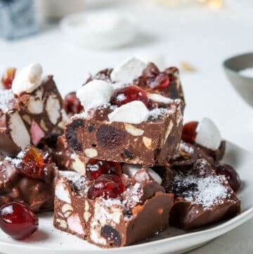 round white plate with rocky road