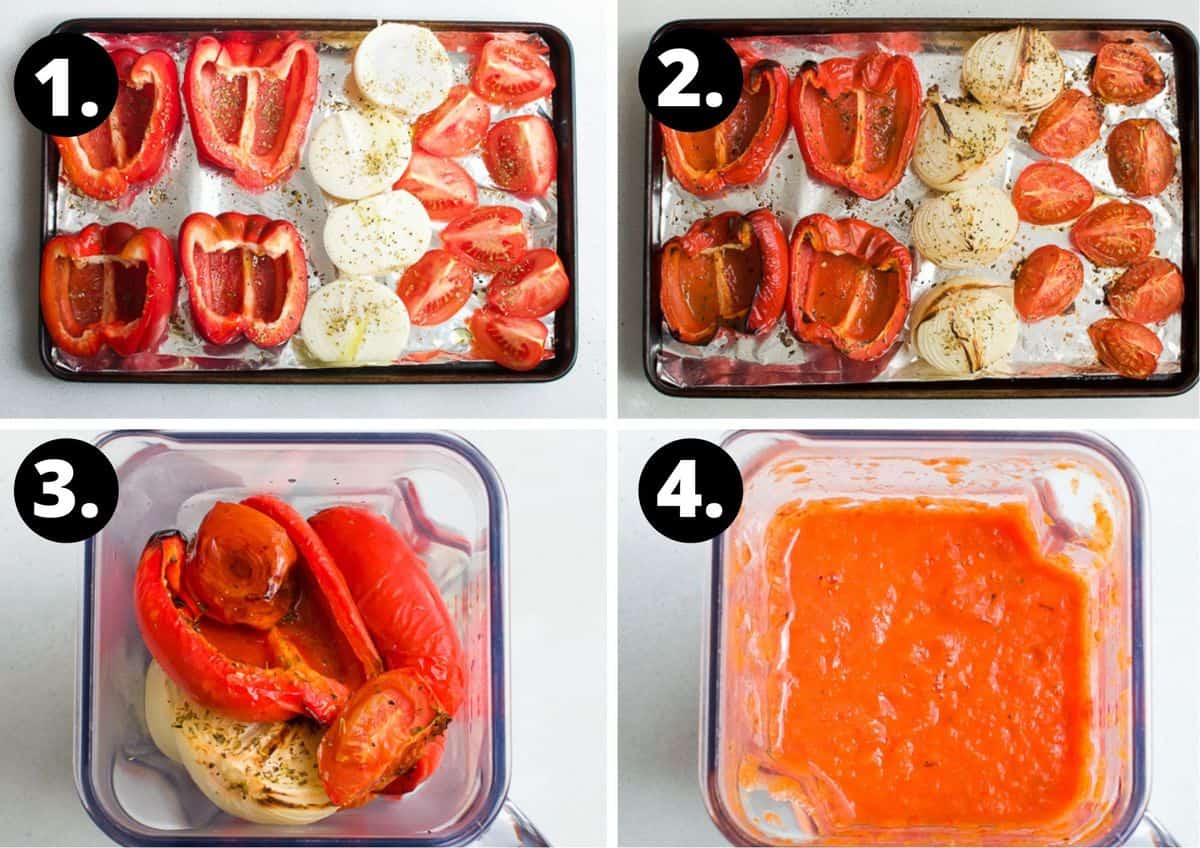 the four steps to prepare this recipe - the vegetables on tray, the vegetables after they have been roasted, all of the ingredients in a blender, and the pureed soup.