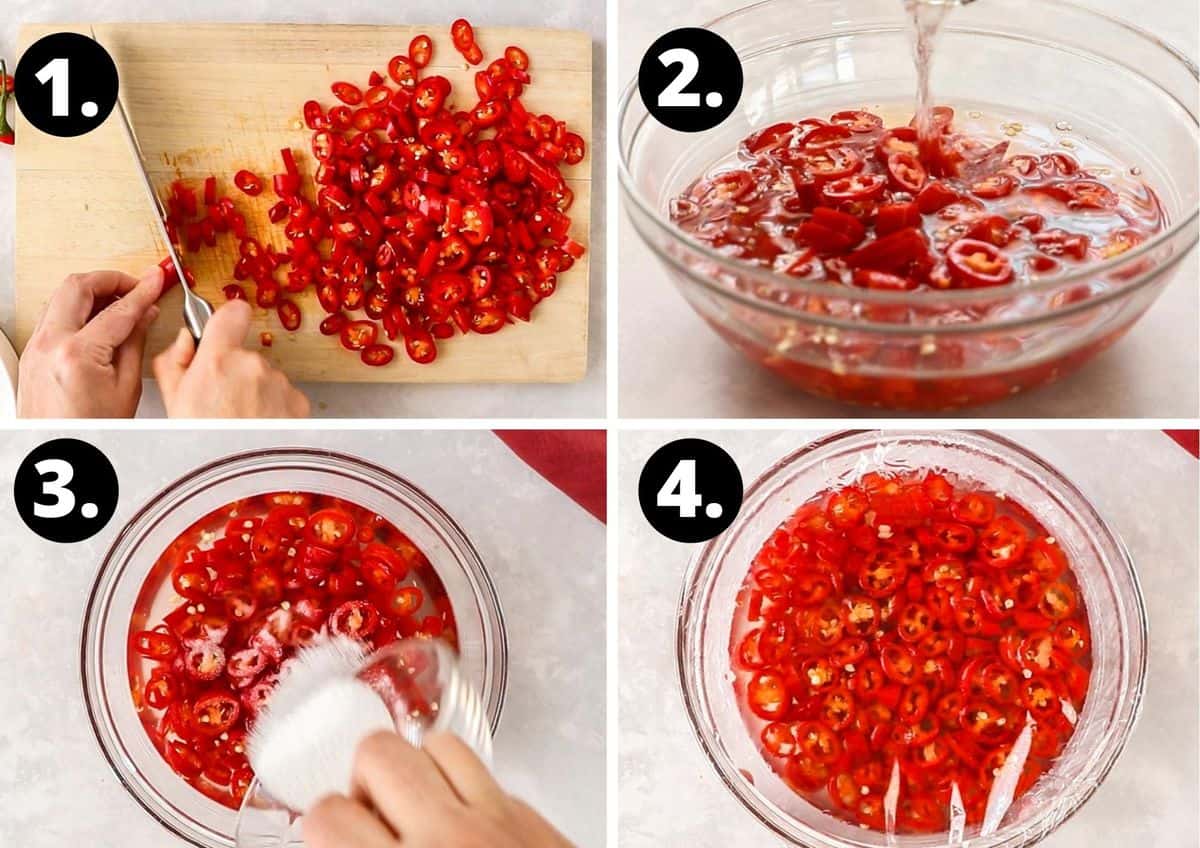 the first four steps to prepare this recipe - chop the chillies, add to a bowl with vinegar, add salt and then cover the bowl with cling film.