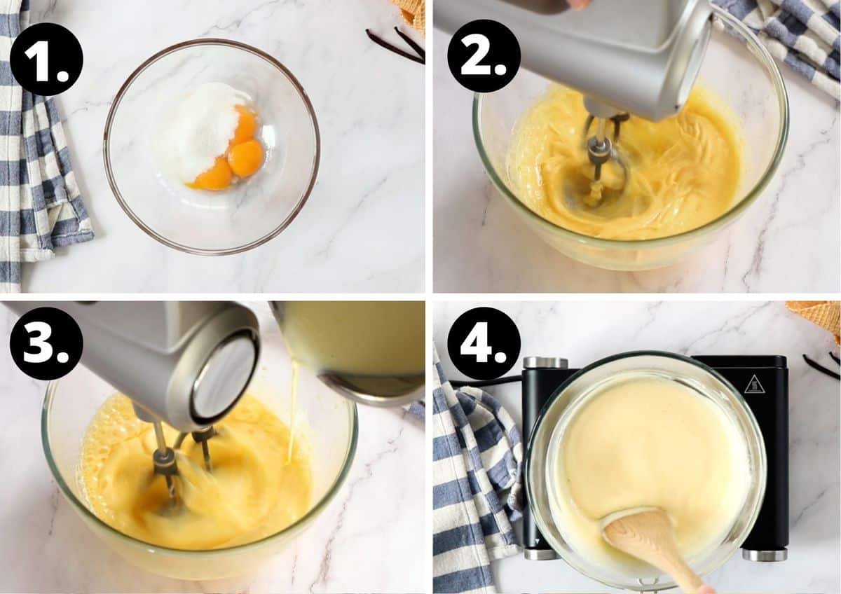 the first four steps in this recipe - combining the ingredients in a bowl, whisking them, adding in the hot cream, and stirring on the stove.