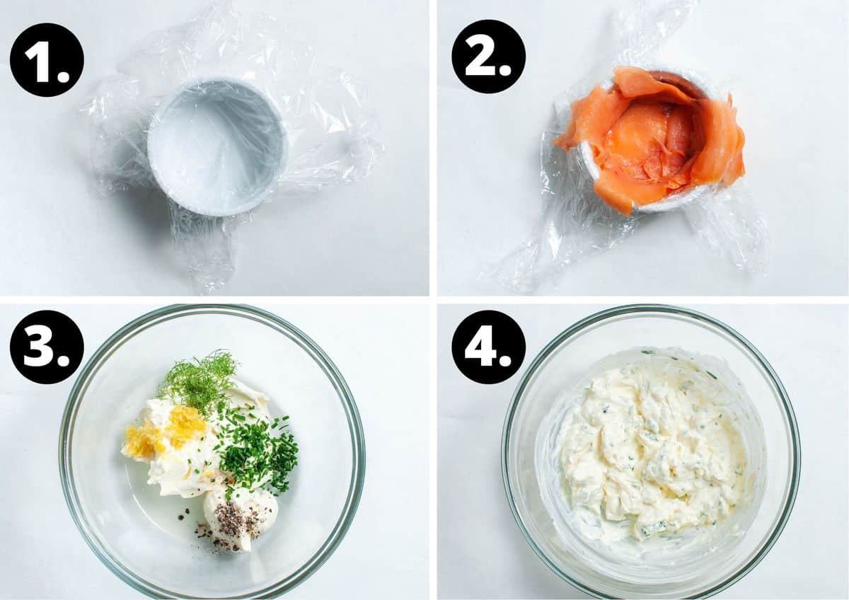 The first four steps to make this recipe - line a ramekin with cling film and then smoked salmon, the ingredients for the mixture in a bowl, and the mixed cream cheese filling.