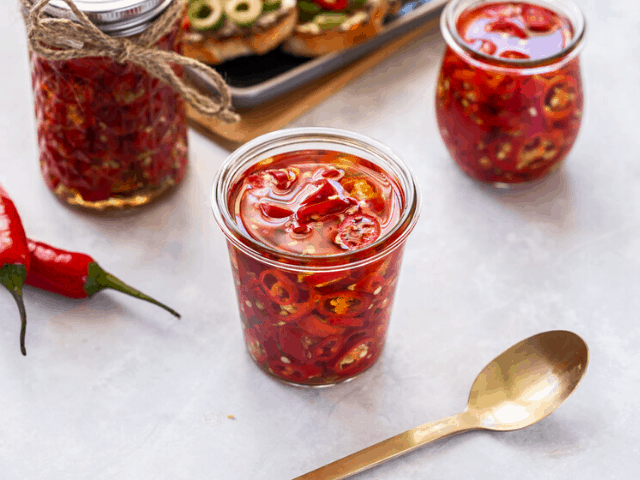 three jars of chillies, with a gold spoon at front, some whole red chillies to the side and some bruschetta in the background.