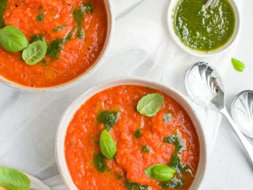 Roasted Red Pepper Capsicum Soup with Basil Oil