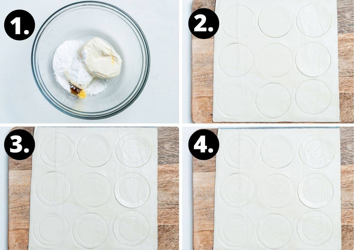 The first four steps to make this recipe in a collage - preparing the cream cheese mixture, and cutting out the pastry and scoring it.