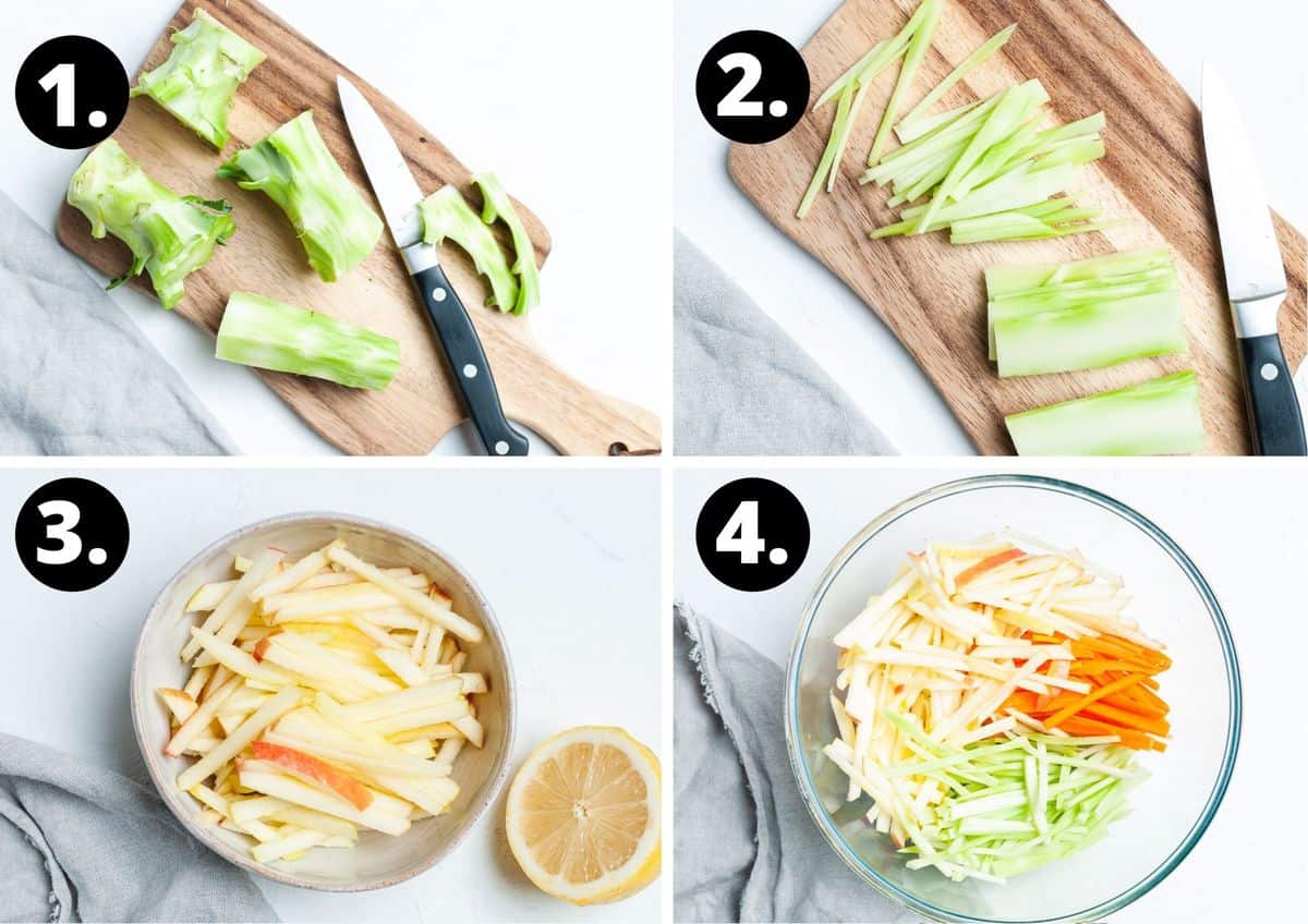 The first four steps to make this recipe in a collage - peeling the broccoli stems, slicing the broccoli stems, preparing the apple and carrot and combining them all in a bowl.