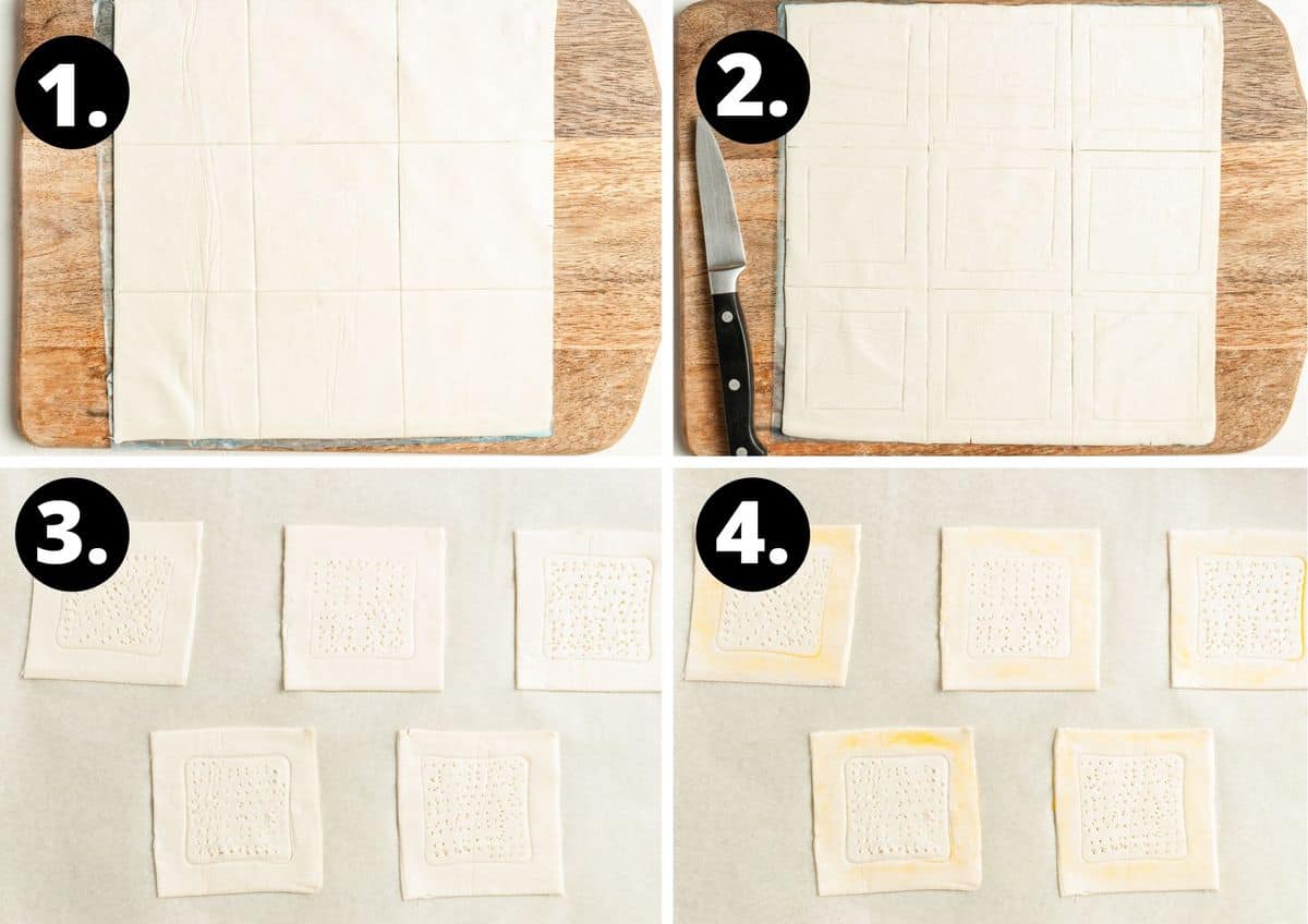 The first four steps to prepare this recipe in a photo collage - cutting the pastry sheet into 9 squares, cutting another square in the middle of each pastry square, scoring the pastry with a fork and brushing the edge of the pastry with beaten egg.