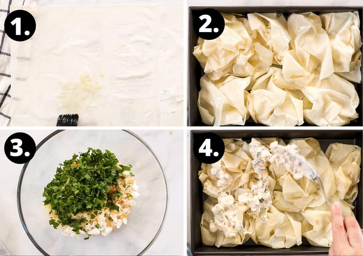 The first four steps to make this recipe in a collage - brush the filo with oil, scrunch it up in a baking tin, combine your filling and dollop over the pastry.