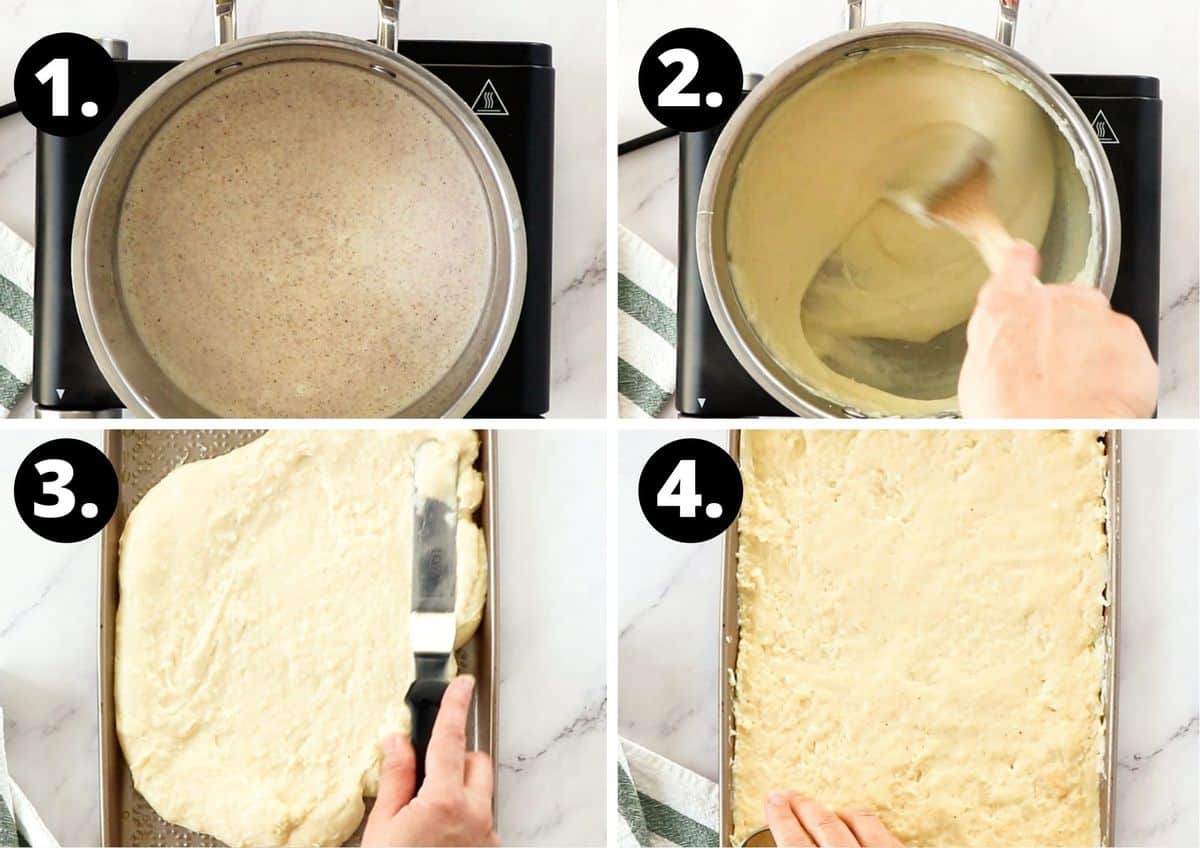The first four steps to make this recipe in a collage - the semolina in a saucepan, stirring the semolina, spreading in a baking tray and cutting out the cooled gnocchi.