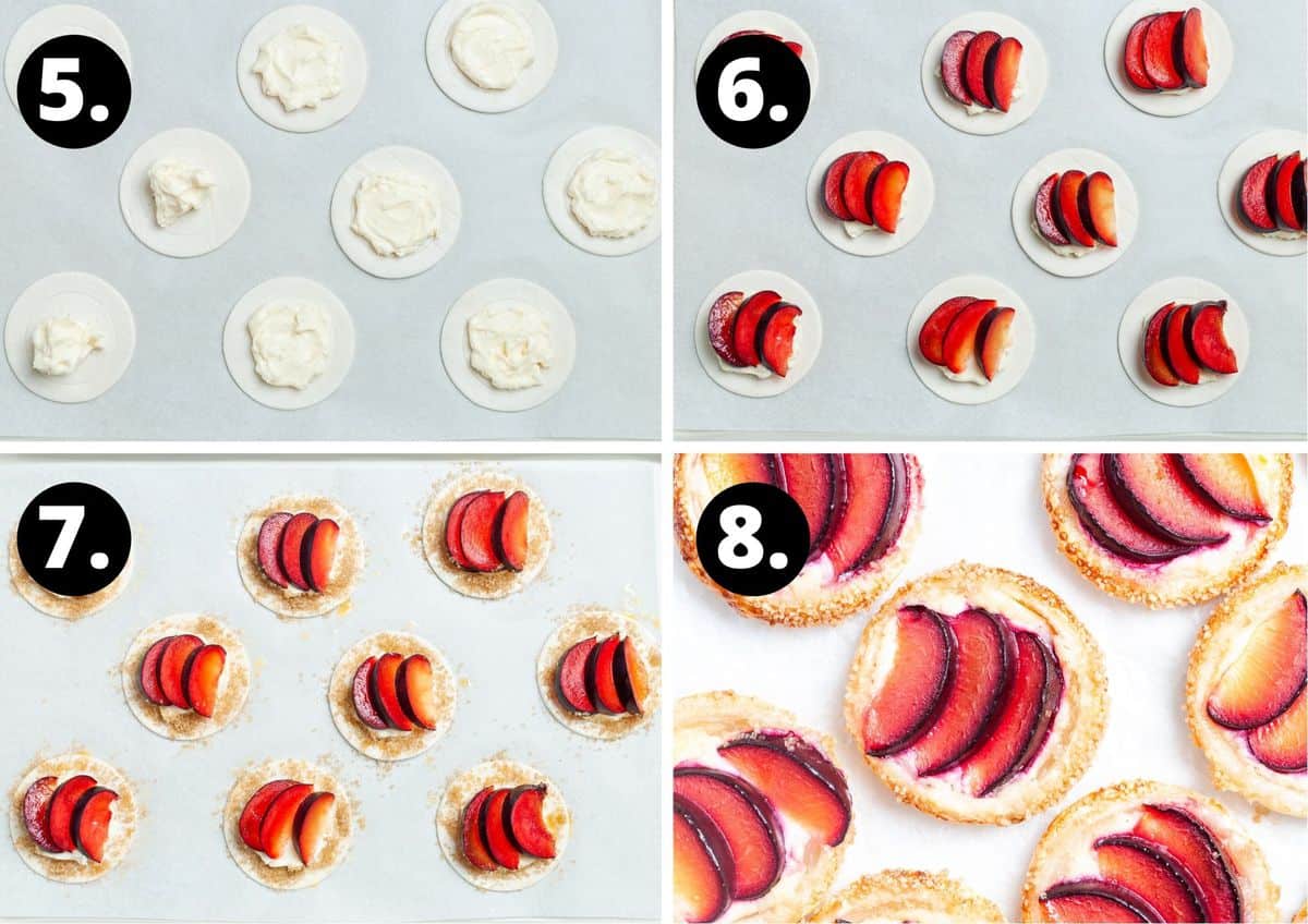 The final four steps in making this recipe in a collage - topping the pastry rounds with the cream cheese mixture, putting the slices of plums on top of the cream cheese, adding the sugar around the edge of pastry and the baked tarts.