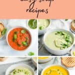pinterest image with photos of four bowls of soup and text overlay.