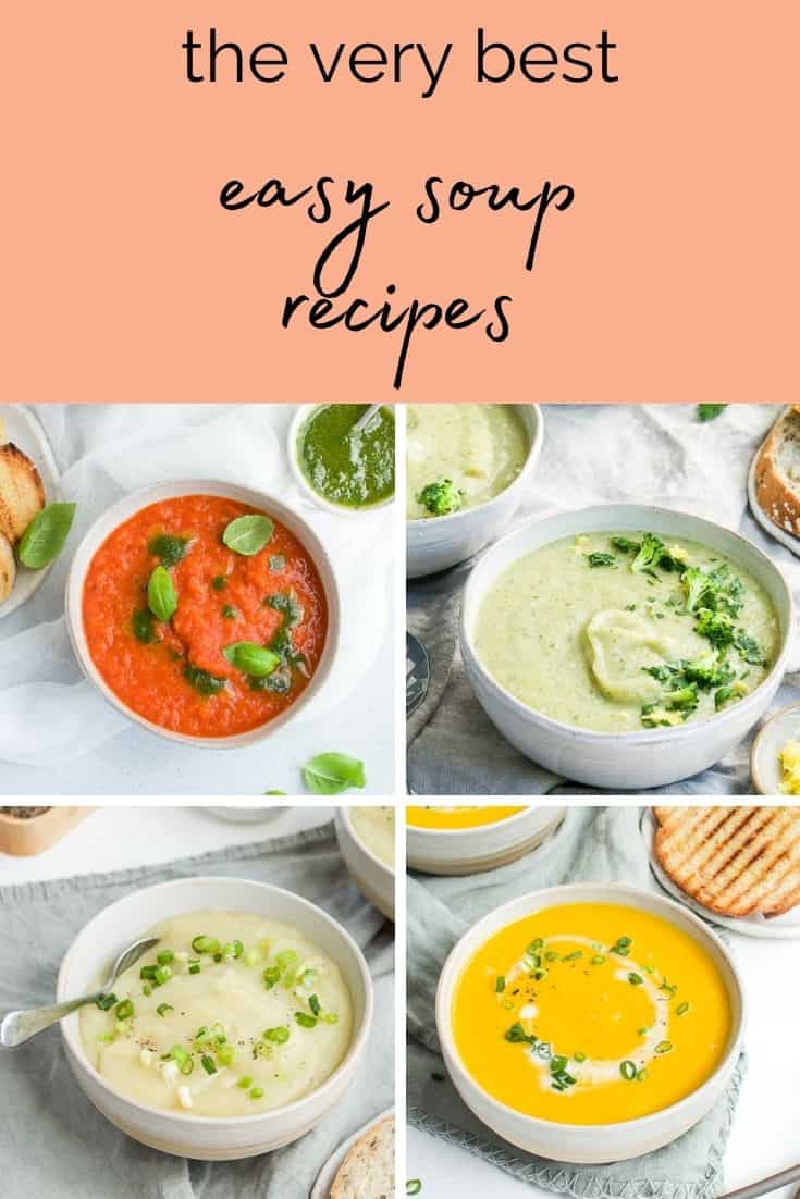 pinterest image with photos of four bowls of soup and text overlay.