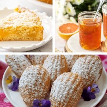 lemon cake, marmalade and madeleines in a photo collage.