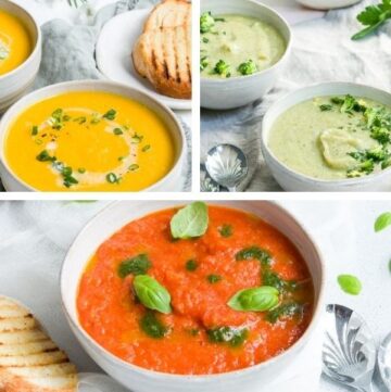 carrot soup, broccoli soup and roasted red pepper soup in a photo collage.
