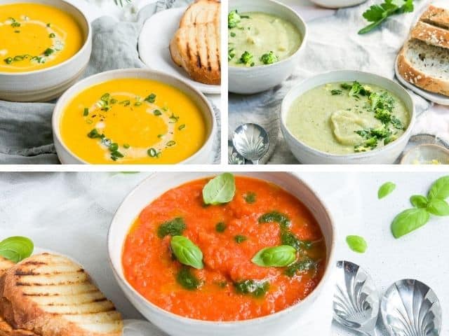 carrot soup, broccoli soup and roasted red pepper soup in a photo collage.