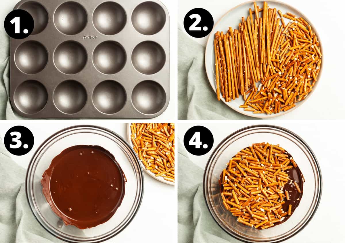 Steps 1-4 of the method in a photo collage: a photo of the tin, a photo of broken pretzels, a photo of melted chocolate and the pretzel and chocolate in a bowl together.