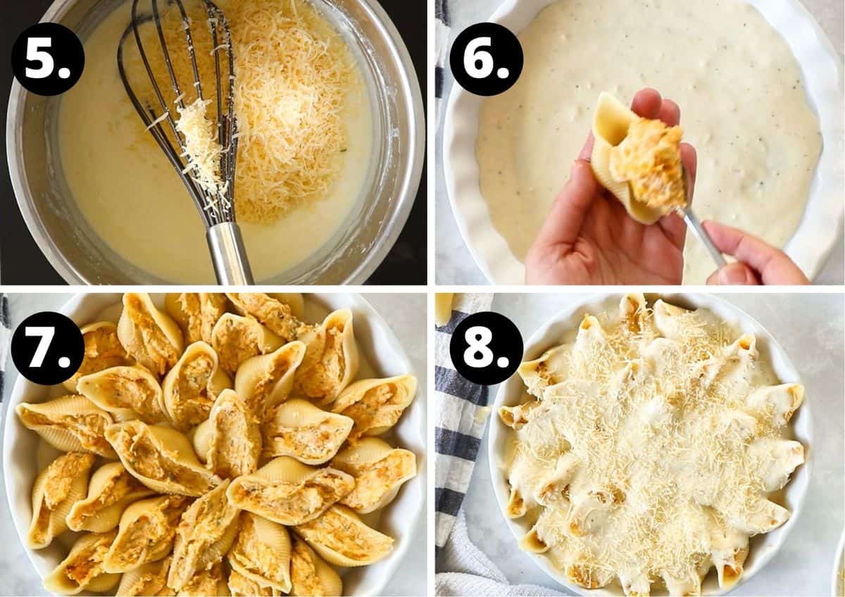 Steps 5-8 of making this recipe in a photo collage - mixing in some cheese to the sauce, filling the pasta shells, a dish of assembled pasta shells and the dish topped with the garlic white sauce.