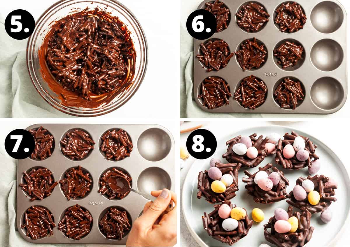 Steps 5-8 of recipe method in a photo collage: mixing the chocolate and pretzels together, adding to tin, and using a spoon to make a dent, and the finished product.