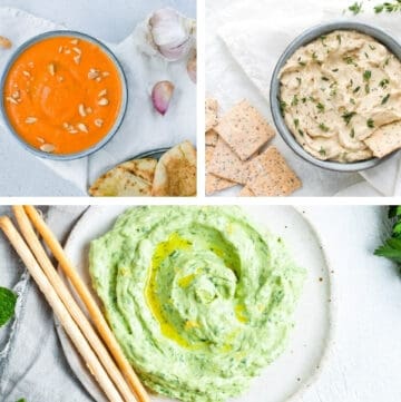 photo collage of three dip recipes - roasted capsicum pesto, onion dip and green goddess dip.