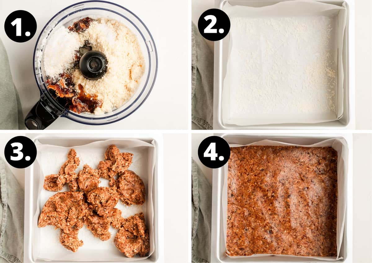The first four steps to make this recipe in a photo collage - all of the ingredients in a food processor, a tin lined with paper and dusted with coconut, adding the blended mixture to the tin and the flattened mixture.