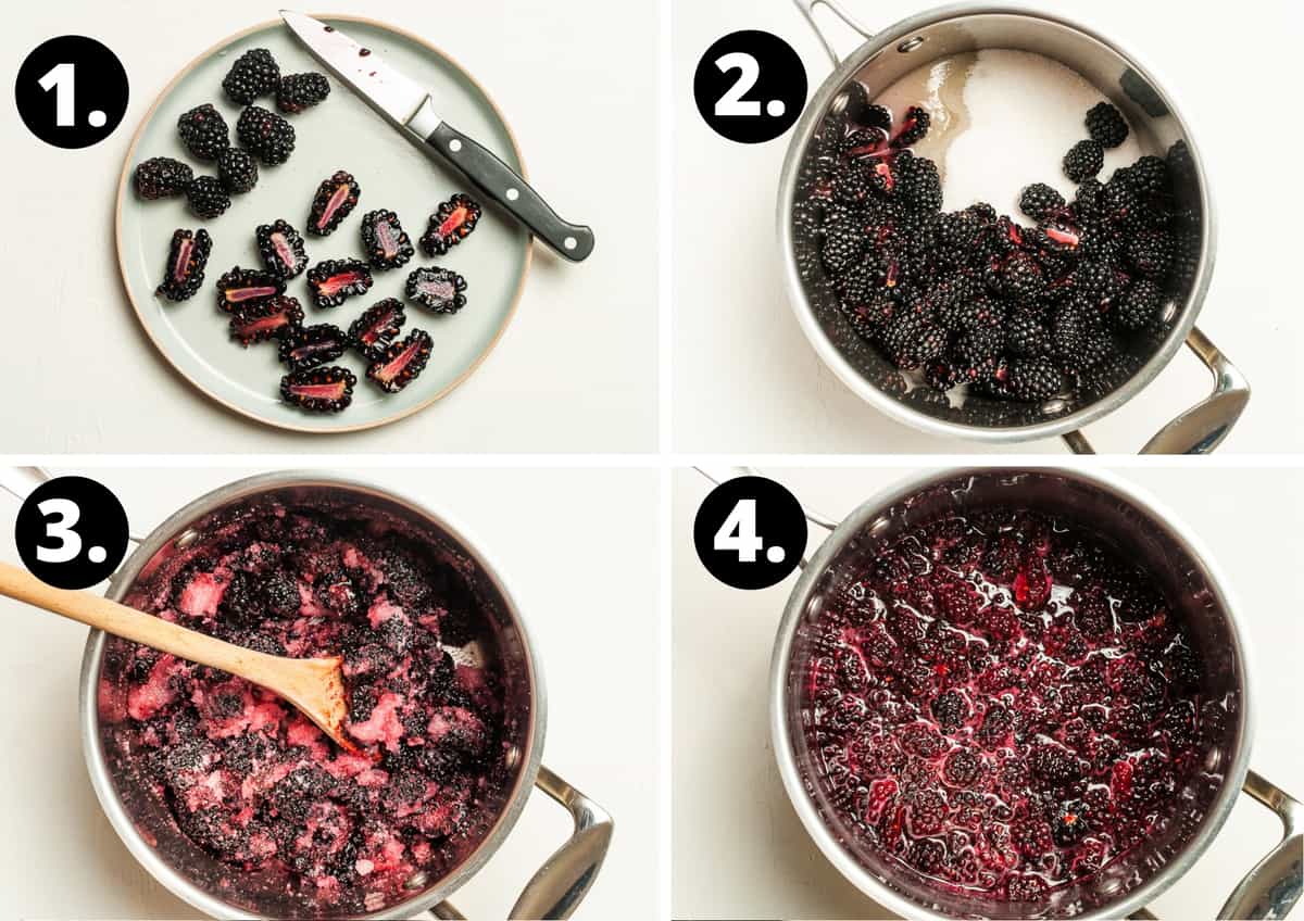 Steps 1-4 of preparing this recipe in a photo collage - slicing the blackberries, adding them to the saucepan with the sugar and lemon juice, the mixture combined and the fruit cooking down.