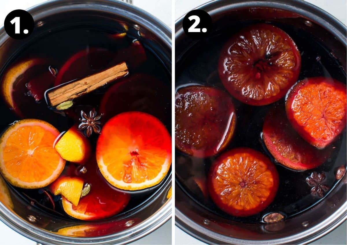 Steps 1-2 of preparing this recipe in a photo collage - the ingredients in a saucepan and the mulled wine.