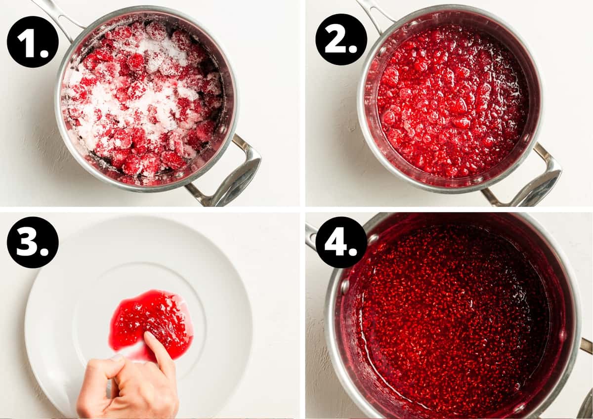 Steps 1-4 of preparing this recipe in a photo collage - the berries in the saucepan mixed with the sugar, the cooked jam, the wrinkle test, and the jam after blending.