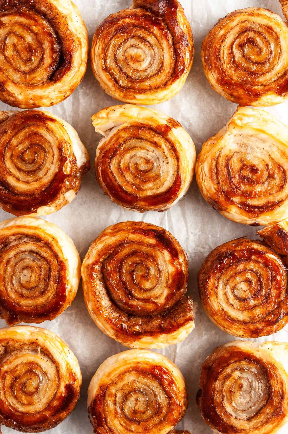 Overhead shot of the baked pinwheels fresh from the oven.