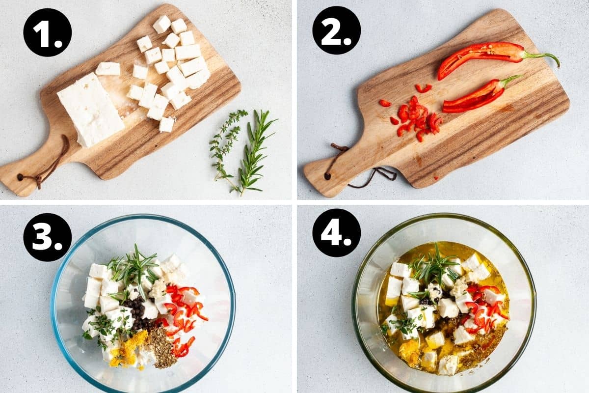 Steps 1-4 of preparing this recipe in a photo collage- cutting the feta, cutting the chillies, adding all of the ingredients to a bowl and topping with olive oil.