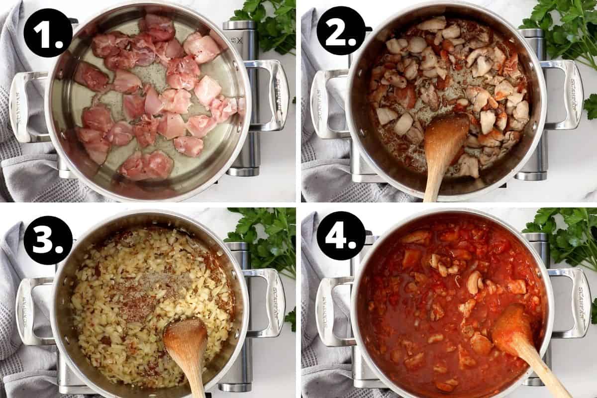 Steps 1-4 of preparing this recipe in a photo collage - adding the chicken to a saucepan, browning the chicken, adding the onion and then adding the tomatoes.