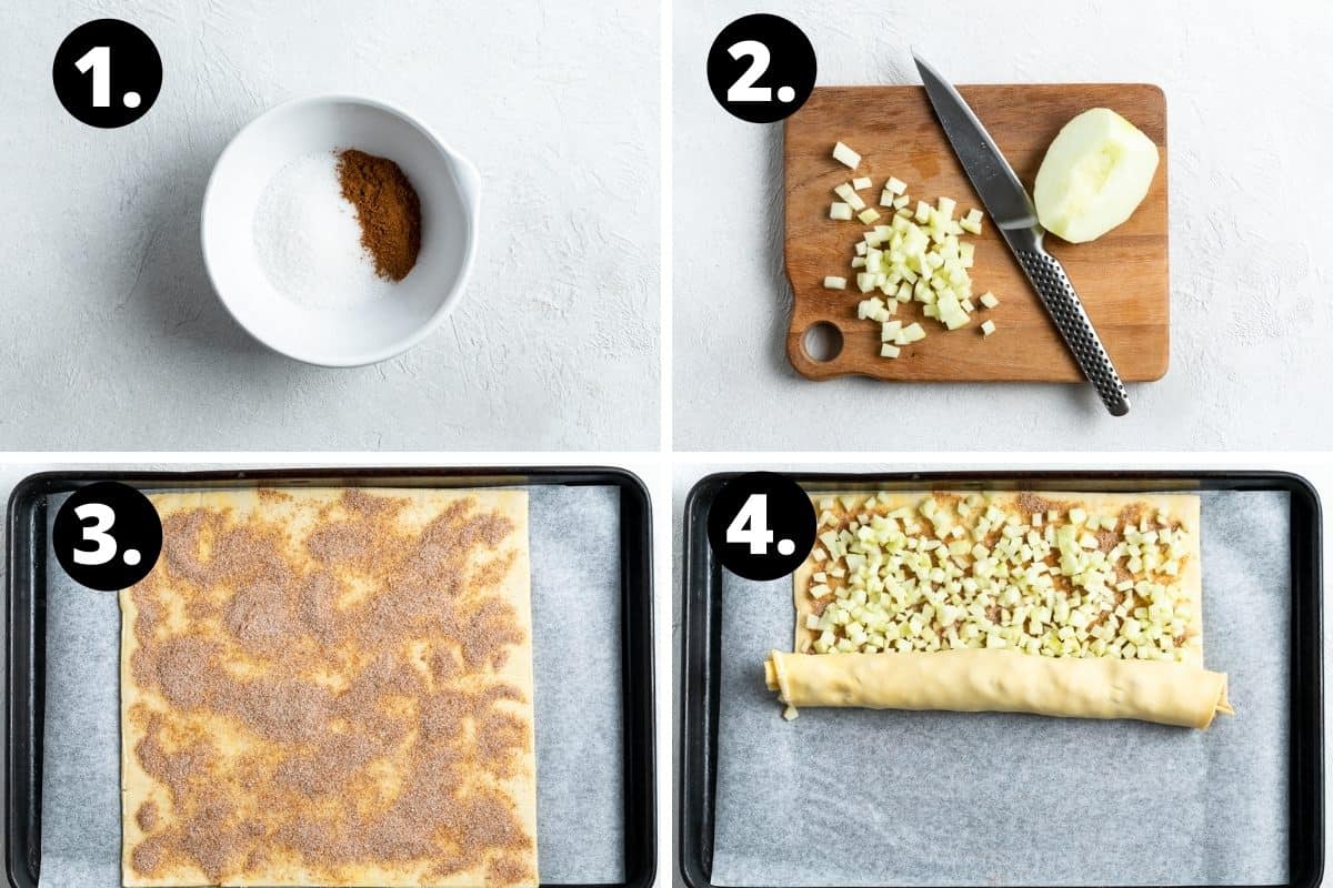 Steps 1-4 of preparing this recipe in a photo collage - mixing the cinnamon and sugar, slicing the apple, topping the pastry with the cinnamon sugar, and then topping with apple and starting to roll.