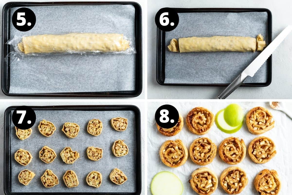 Steps 5-8 of preparing this recipe in a photo collage - chilling the pastry, slicing the ends off the pastry, the pinwheels on a baking tray and the baked pinwheels.